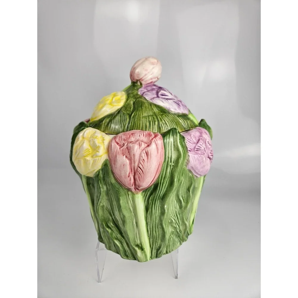 Vintage 1995 Tulip Cookie‎ Jar Floral Relief Ceramic Cottage Kitchen